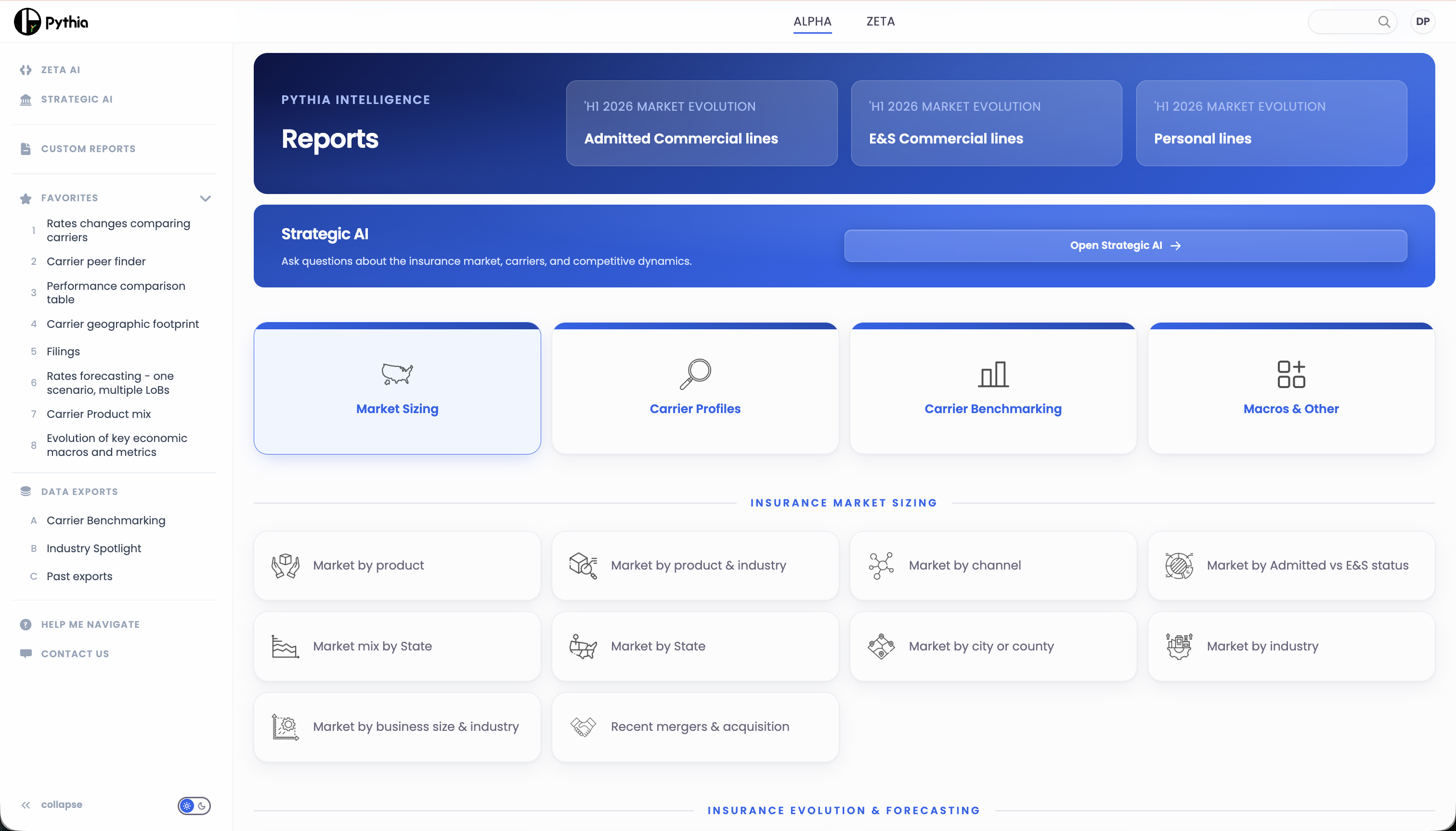 The ALPHA home screen in DELPHI, showing the benchmarking and market workspace